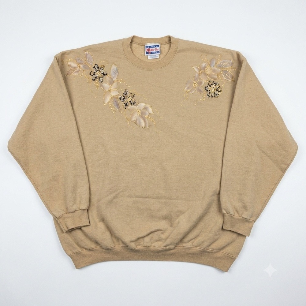 Vintage Hanes Ultimate Cotton Sweatshirt XL Tan Floral Puffy Paint Grandmacore
